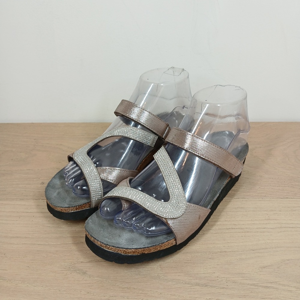 Naot Sandals Womens 6 Bronze Leather Rhinestone Slide Summer Cork Wedge Strappy